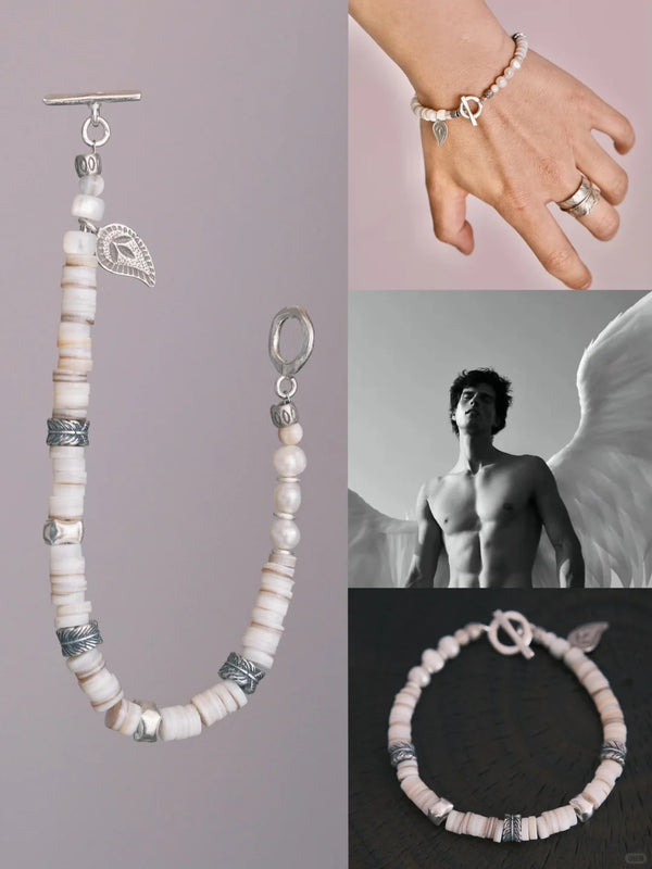 Men’s White Moonlight Feather Bracelet – Pearl & Silver