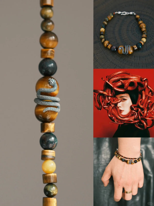 Men’s Bracelet | Medusa Design with Golden, Red, Blue & Yellow Tiger Eye Stones and 925 Silver Snake