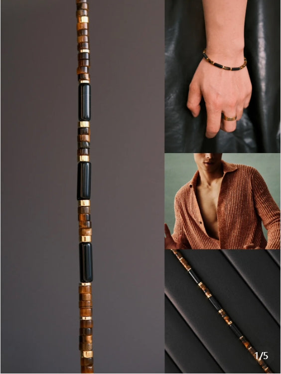 Men’s Black Onyx, Tiger Eye & Goldstone Bracelet | 14K Gold-Filled Accents | Handmade Natural Stone Beaded Bracelet