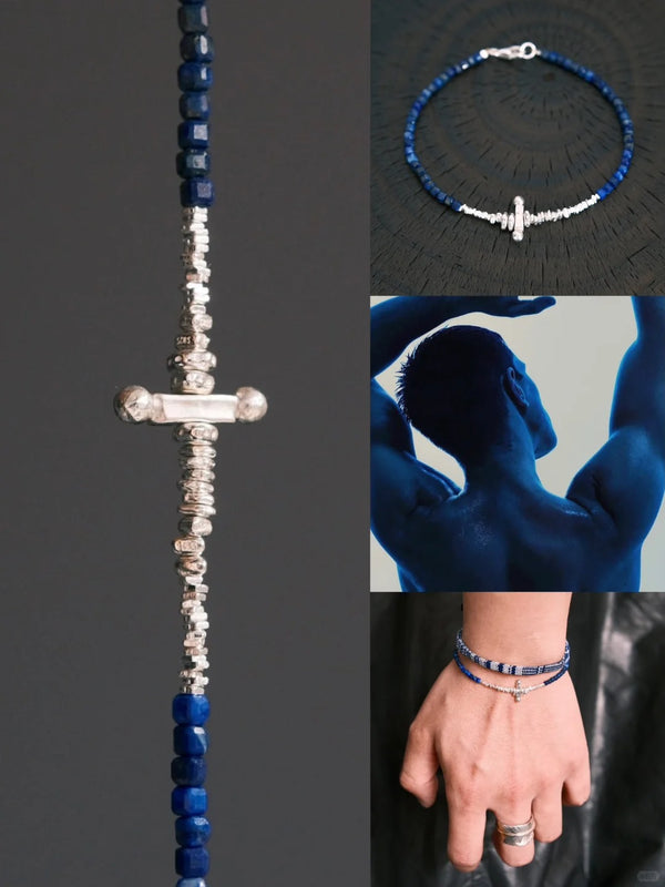 Blue Power Men’s Bracelet – Natural Untreated Lapis Lazuli with 925 Sterling Silver Cross